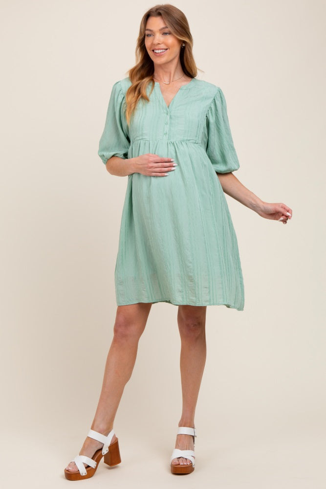 Light Olive Sheer Stripe Textured Maternity Mini Dress