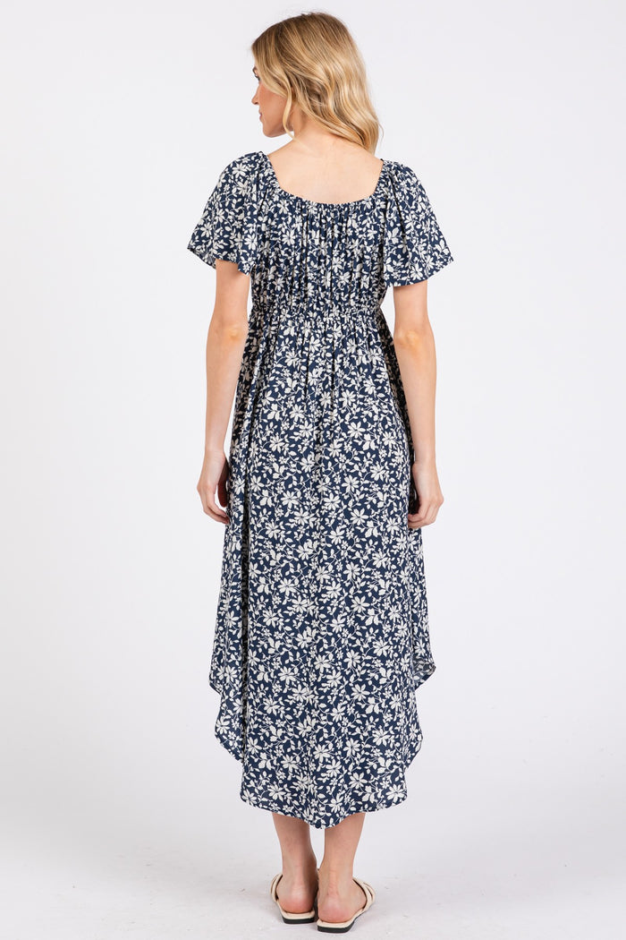 Navy Blue Floral Ruched Tie Front Midi Dress