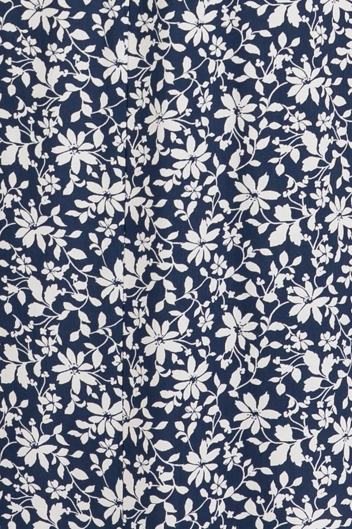 Navy Blue Floral Ruched Tie Front Midi Dress