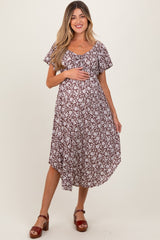 Brown Floral Ruched Tie Front Maternity Midi Dress