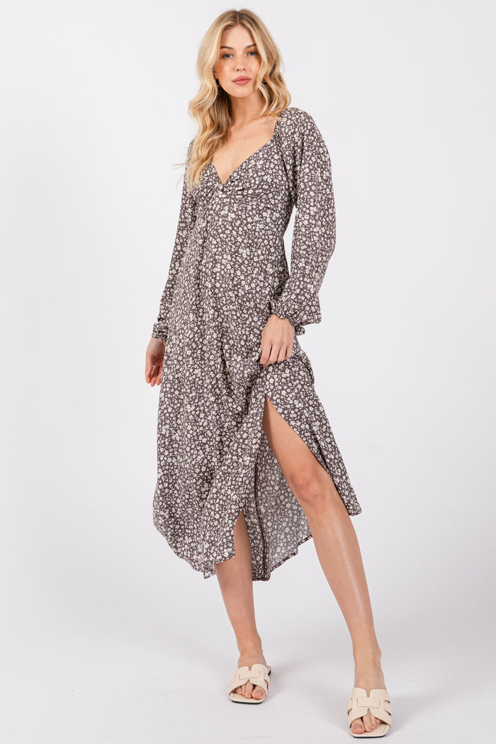 Mocha Floral Twist Front Long Sleeve Maternity Midi Dress