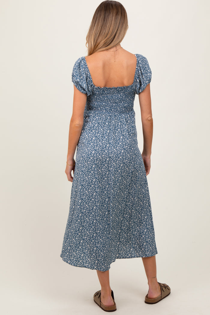 Teal Floral V-Neck Button Front Maternity Midi Dress
