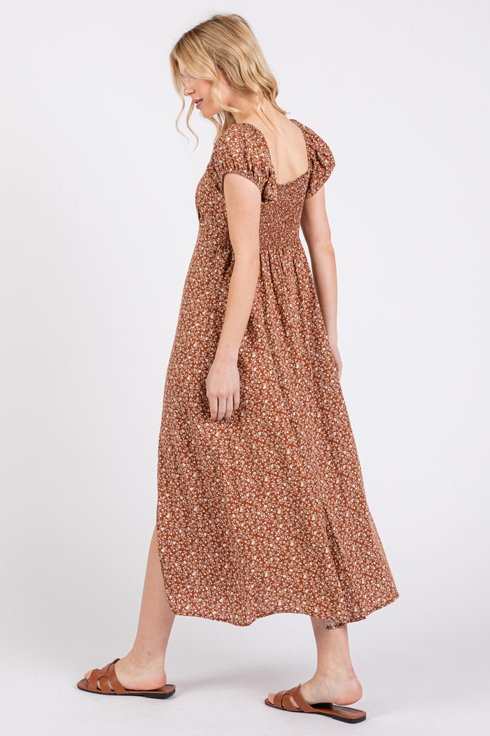 Rust Floral V-Neck Button Front Midi Dress