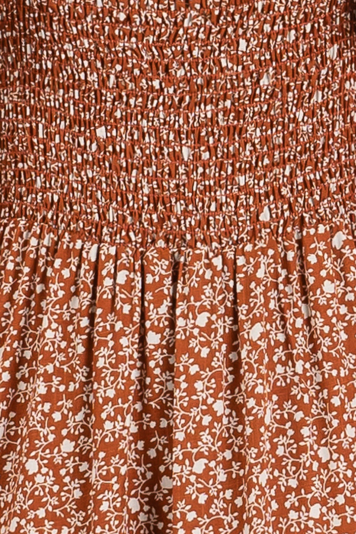 Rust Floral V-Neck Button Front Midi Dress