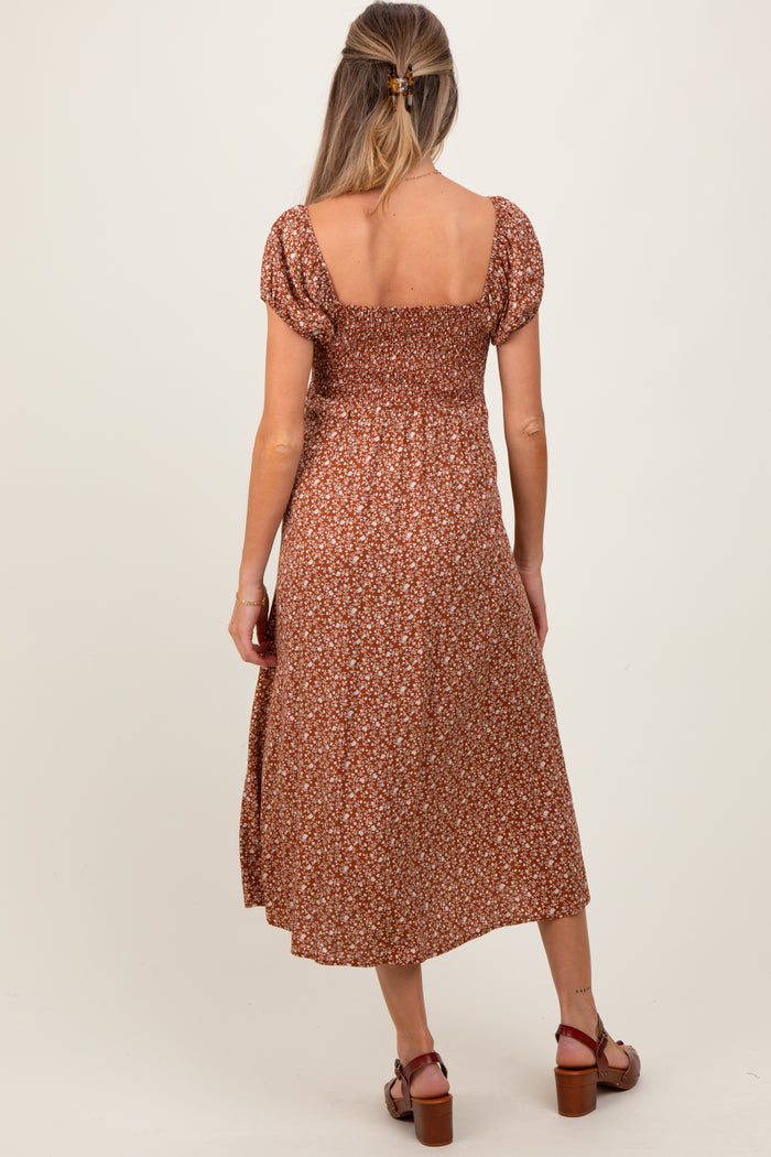 Rust Floral V-Neck Button Front Maternity Midi Dress