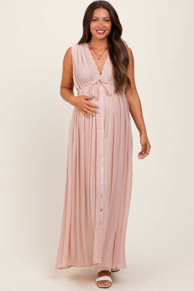 Light Pink Deep V-Neck Sleeveless Button Down Maternity Maxi Dress