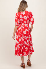 Red Floral Tie Front Tiered Maternity Midi Dress