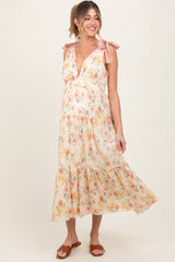 Cream Floral Shoulder Tie Deep V-Neck Tiered Maternity Maxi Dress