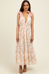 Cream Floral Shoulder Tie Deep V-Neck Tiered Maternity Maxi Dress