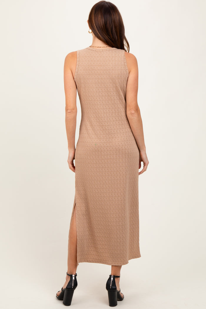 Light Taupe Jacquard Sleeveless Side Slit Midi Dress