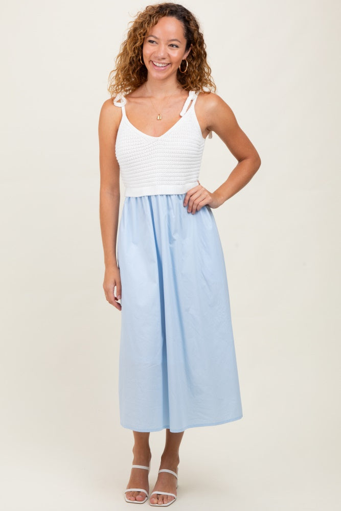 Light Blue Contrast Knit Bodice Maternity Midi Dress