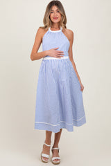 Blue Striped Halter Maternity Tie Back Cutout Maternity Midi Dress