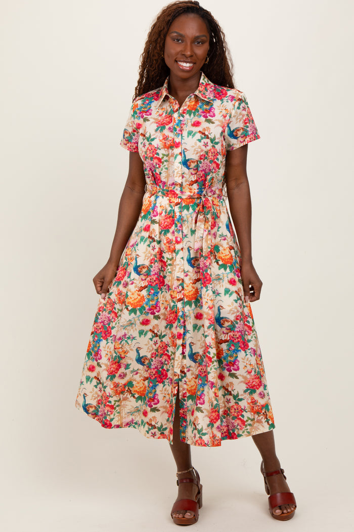 Cream Floral Button Down Midi Shirt Dress