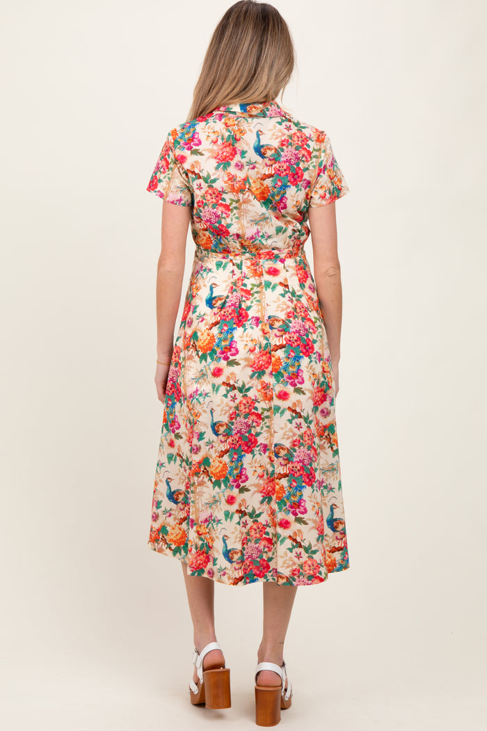 Cream Floral Button Down Maternity Midi Shirt Dress