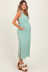 Green Striped Sleeveless Cutout Side Slit Maternity Maxi Dress