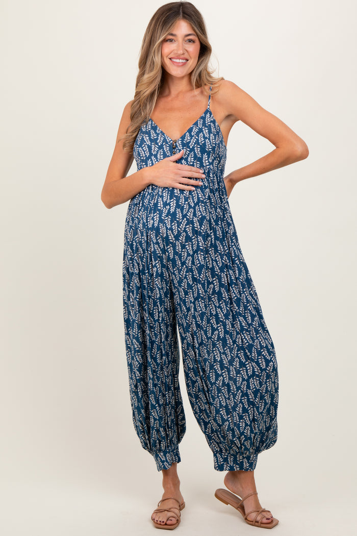 Navy Leaf Print Sleeveless Barrel Leg Maternity Jumpsuit