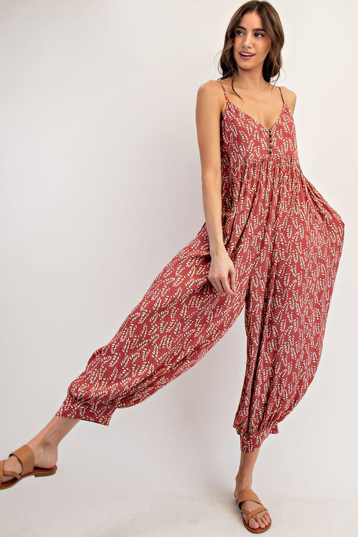 Rust Leaf Print Sleeveless Barrel Leg Jumpsuit