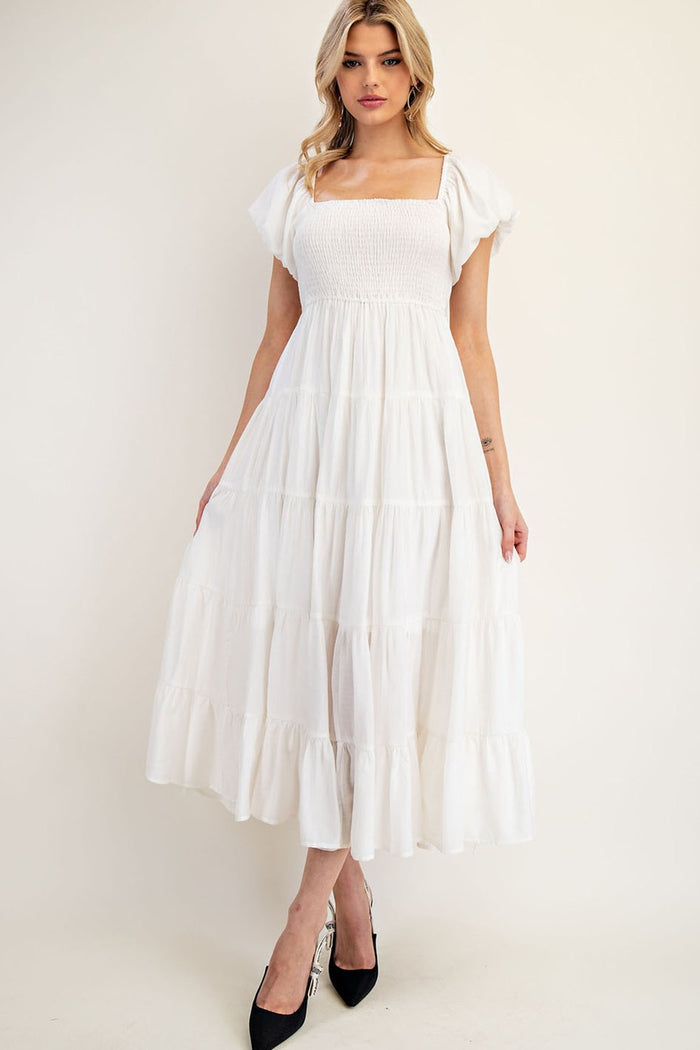 White Smocked Puff Sleeve Tiered Maxi Dress