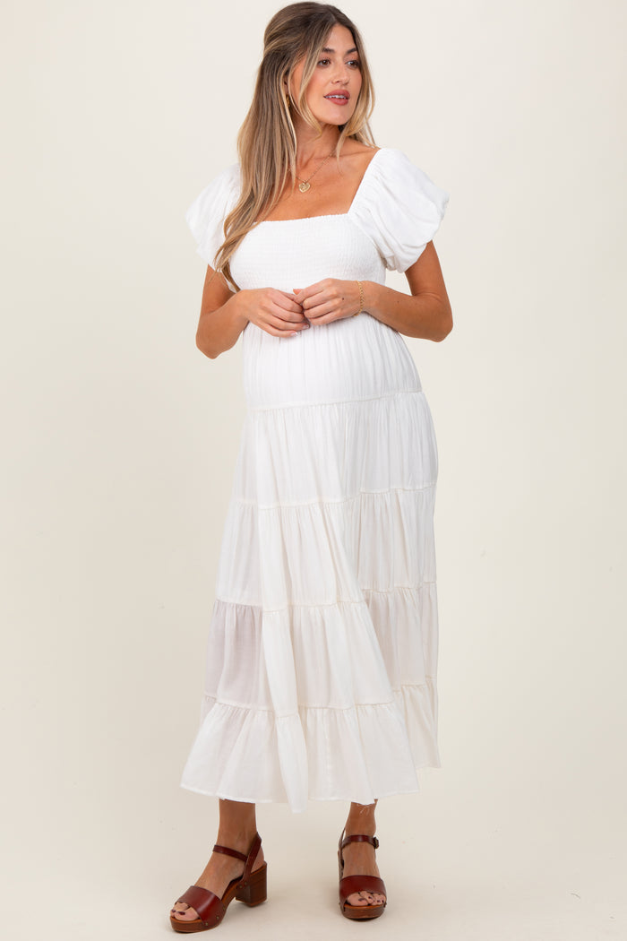 White Smocked Puff Sleeve Tiered Maternity Maxi Dress