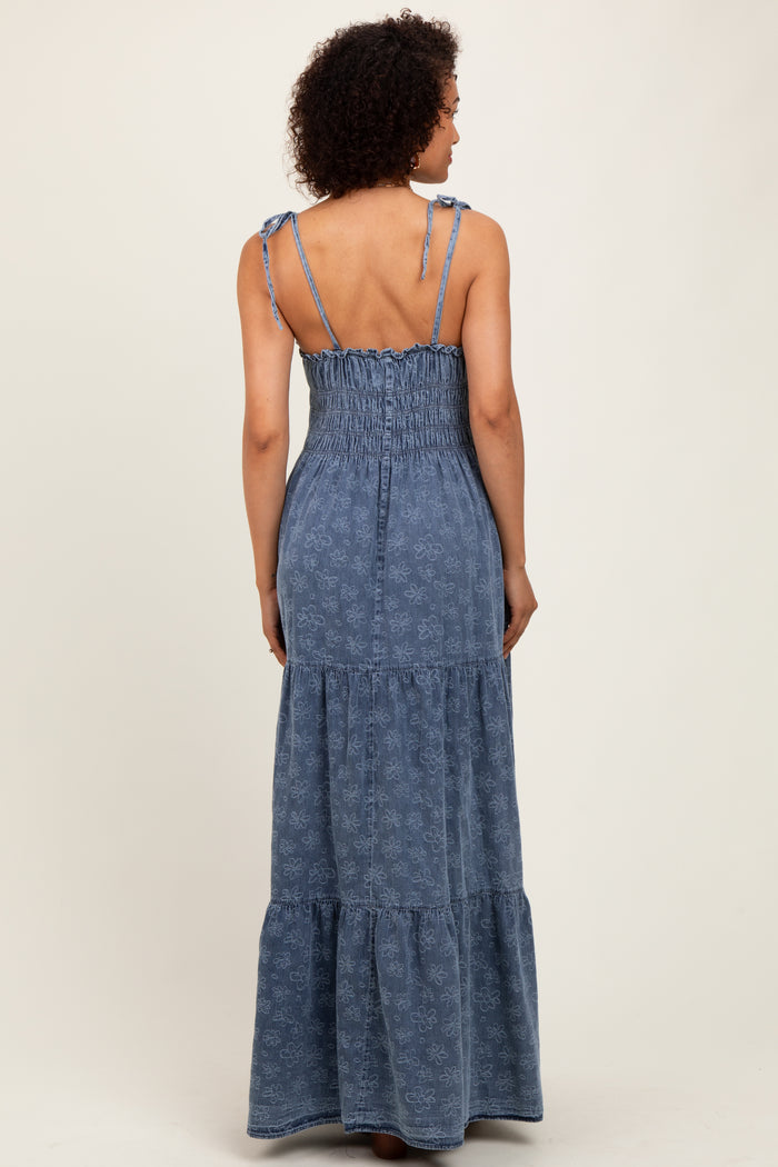 Navy Floral Denim Smocked Tiered Maxi Dress