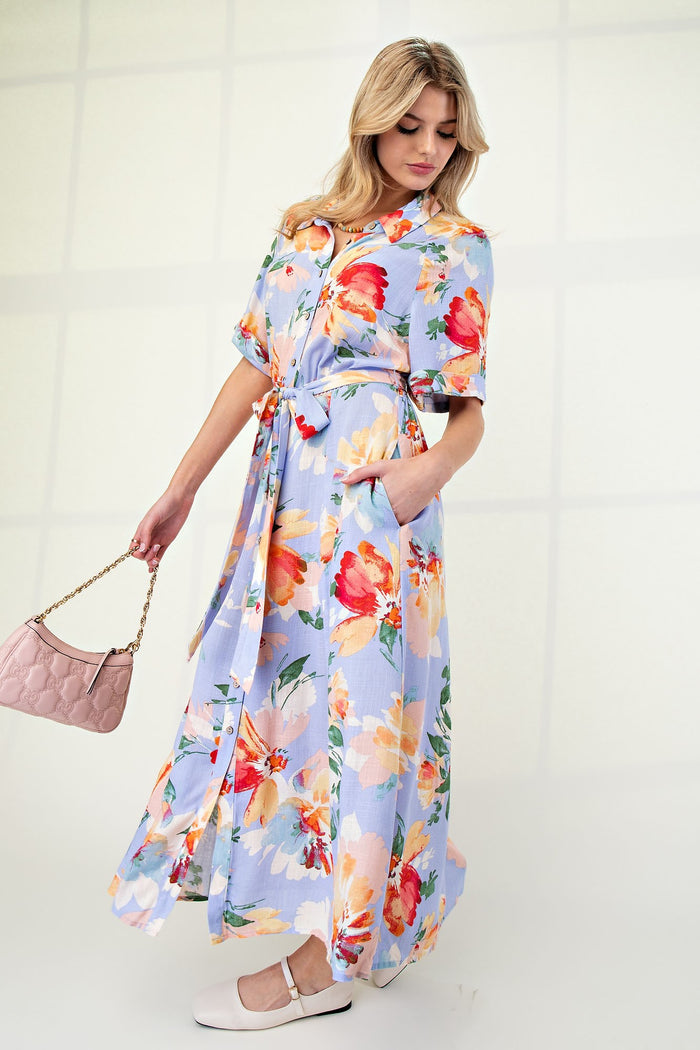 Periwinkle Floral Linen Blend Shirt Dress