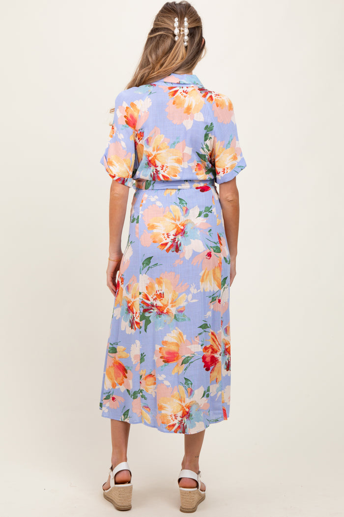 Periwinkle Floral Linen Blend Maternity Shirt Dress