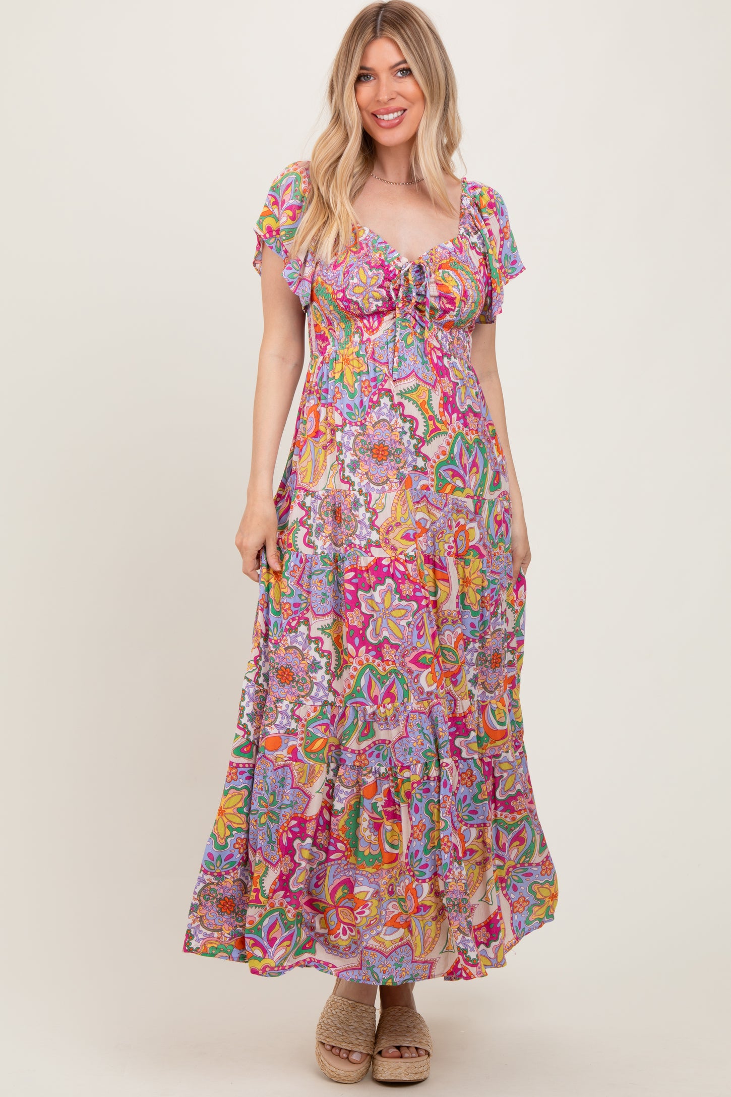 Lavender Floral Paisley Smocked Tiered Maxi Dress