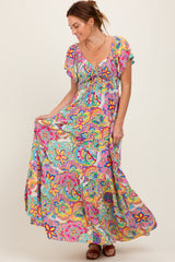 Pink Floral Paisley Smocked Tiered Maxi Dress