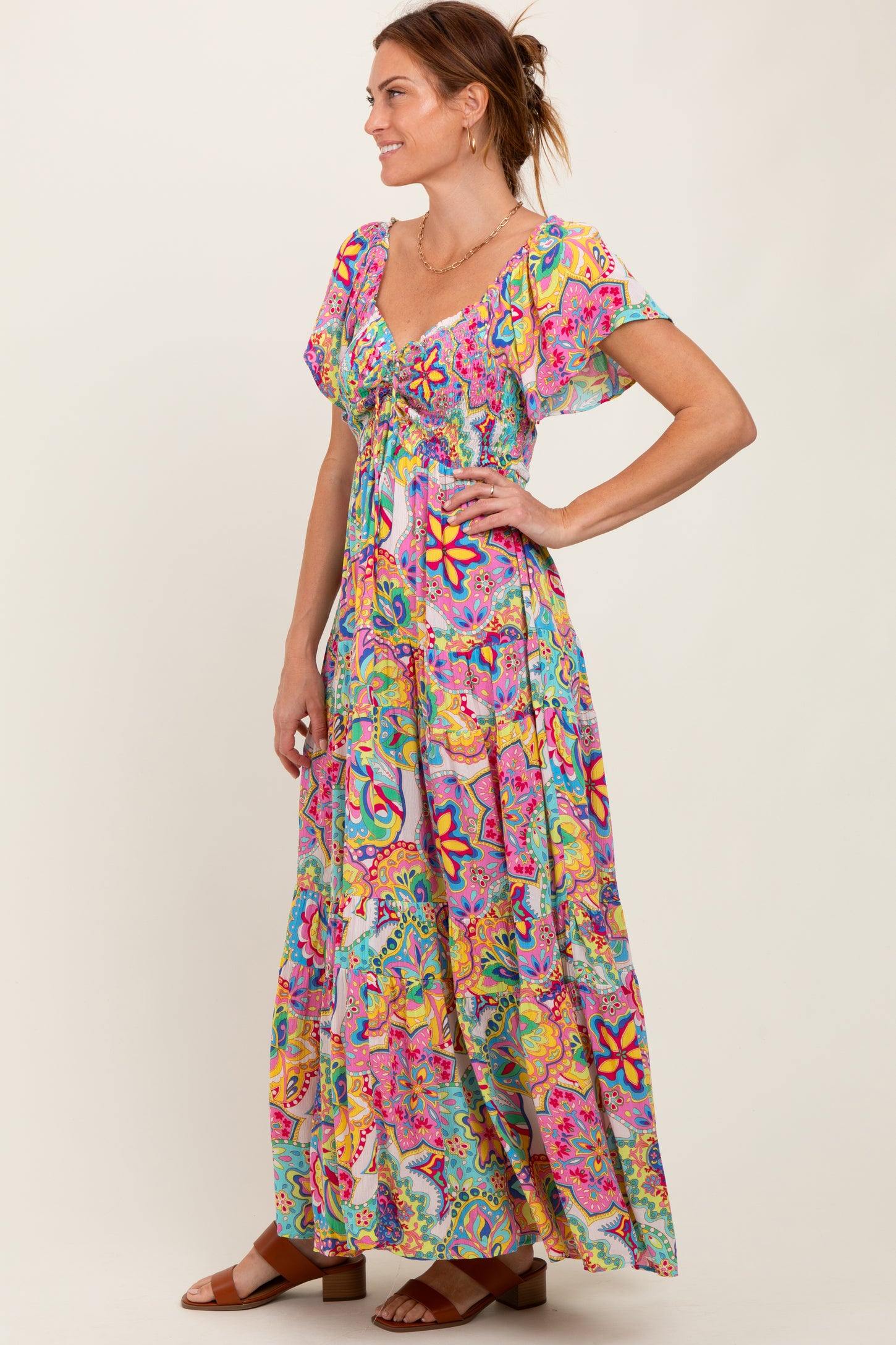 Pink Floral Paisley Smocked Tiered Maxi Dress