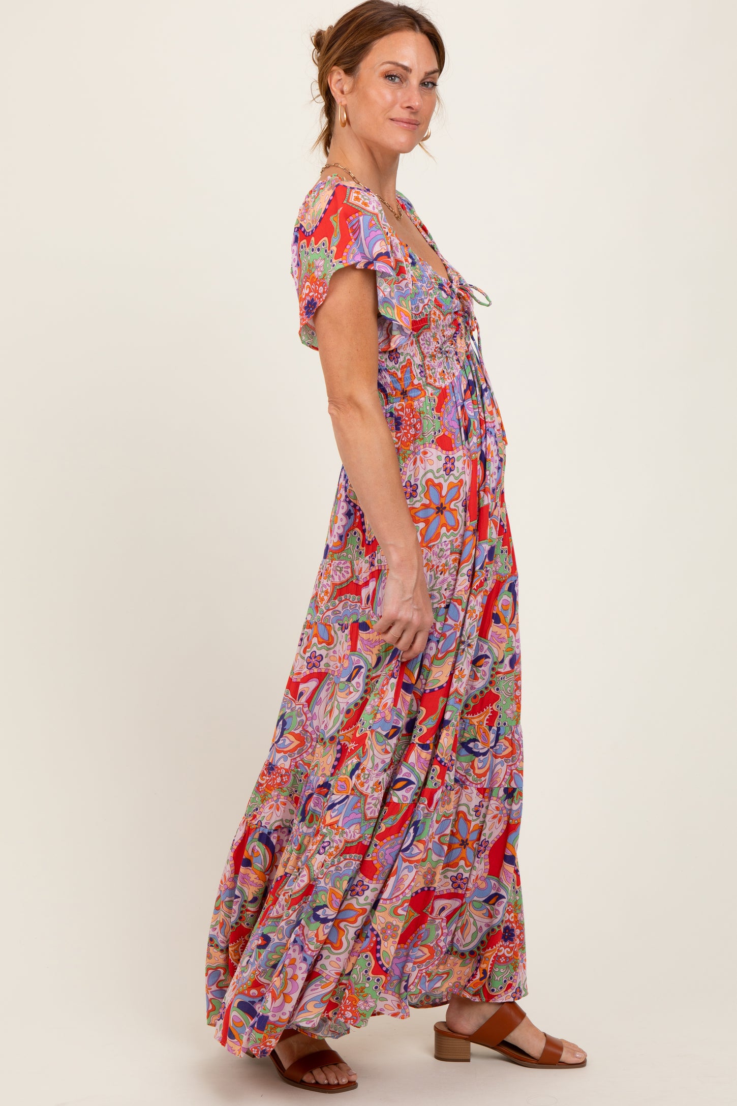 Red Floral Paisley Smocked Tiered Maxi Dress