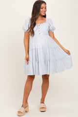 Light Blue Printed Button Up Ruffle Tiered Maternity Dress