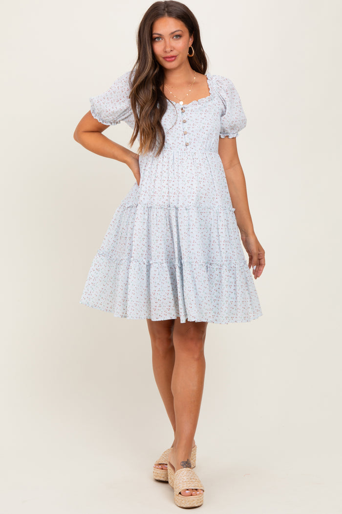 Light Blue Printed Button Up Ruffle Tiered Maternity Dress