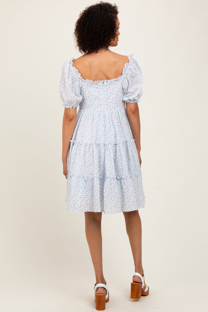 Light Blue Printed Button Up Ruffle Tiered Dress