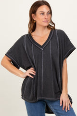Charcoal Striped Ribbed V-Neck Oversized Short Sleeve Maternity Top
