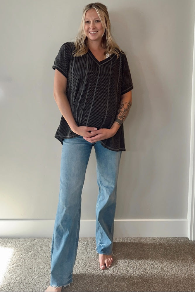 Charcoal Striped Ribbed V-Neck Oversized Short Sleeve Maternity Top