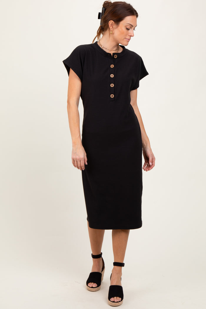 Black Solid Ribbed Short Sleeve Button Down Knit Midi Dress