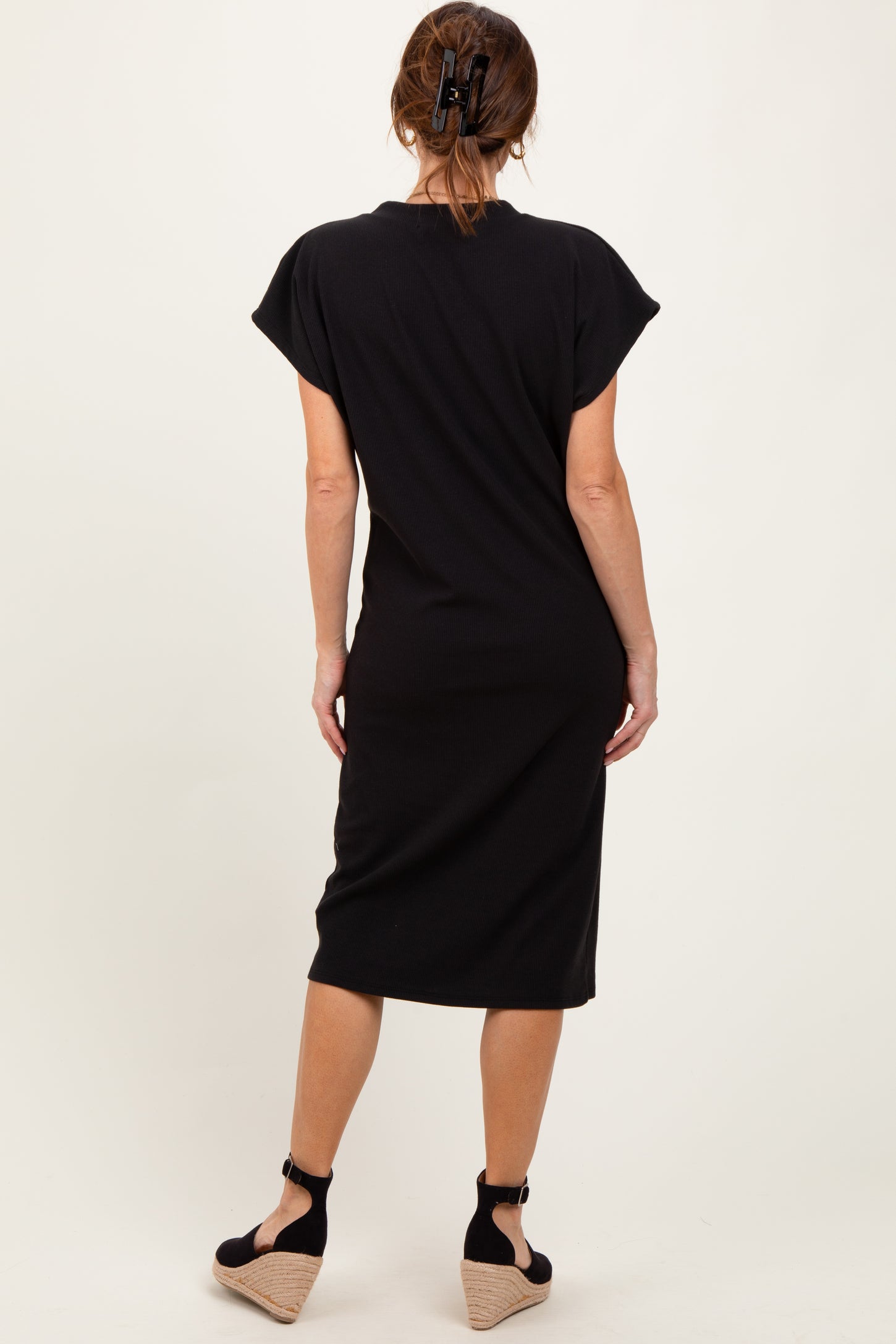 Black Solid Ribbed Short Sleeve Button Down Knit Midi Dress