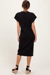 Black Solid Ribbed Short Sleeve Button Down Knit Midi Dress