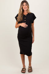 Black Solid Ribbed Short Sleeve Button Down Knit Maternity Midi Dress