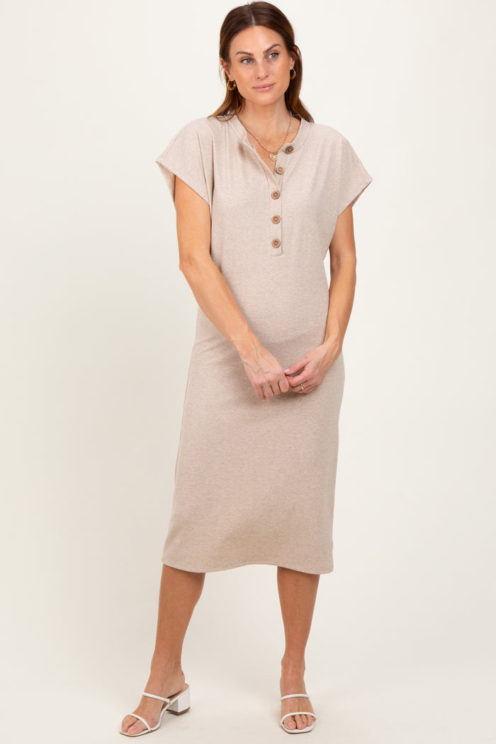 Beige Solid Ribbed Short Sleeve Button Down Knit Midi Dress