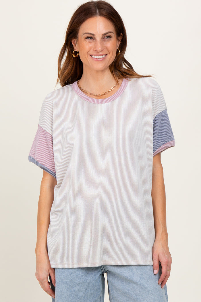 Cream Solid Ribbed Color Block Short Sleeve Maternity Tunic Top