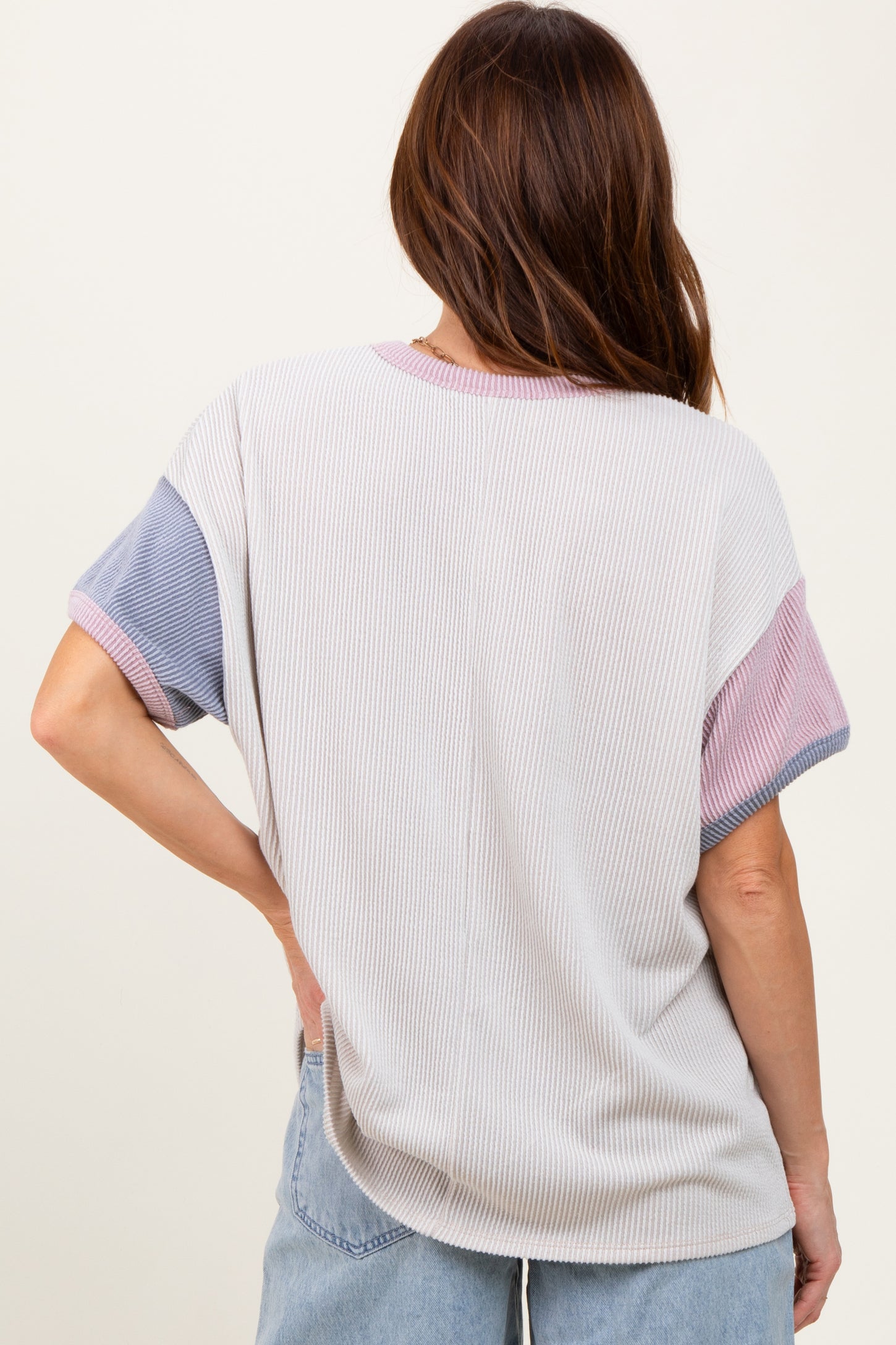 Cream Solid Ribbed Color Block Short Sleeve Tunic Top