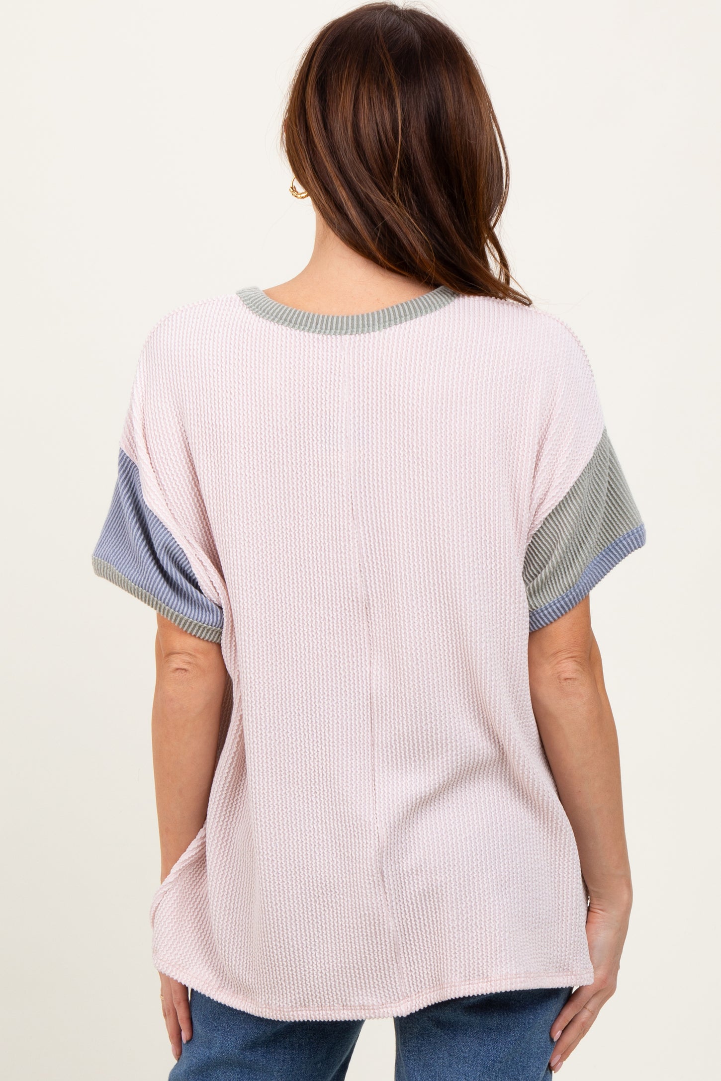 Peach Solid Ribbed Color Block Short Sleeve Tunic Top