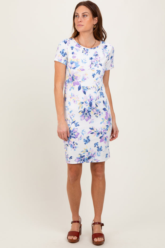 Ivory Floral Short Sleeve Ruched Dress