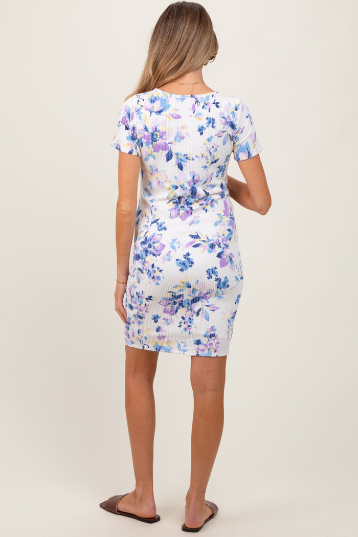 Ivory Floral Short Sleeve Ruched Maternity Dress