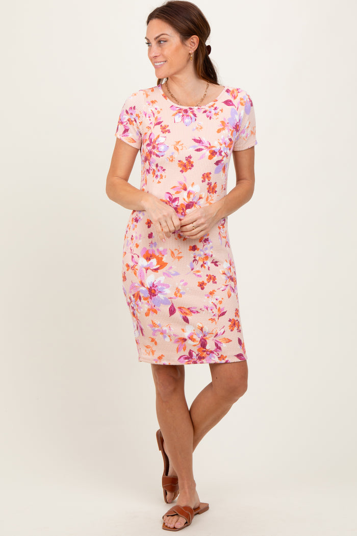 Peach Floral Short Sleeve Ruched Dress
