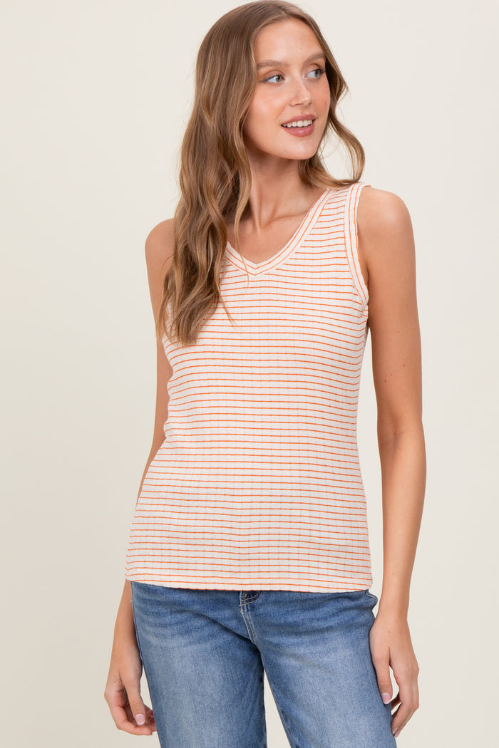 Orange Striped Knit V-Neck Tank Top