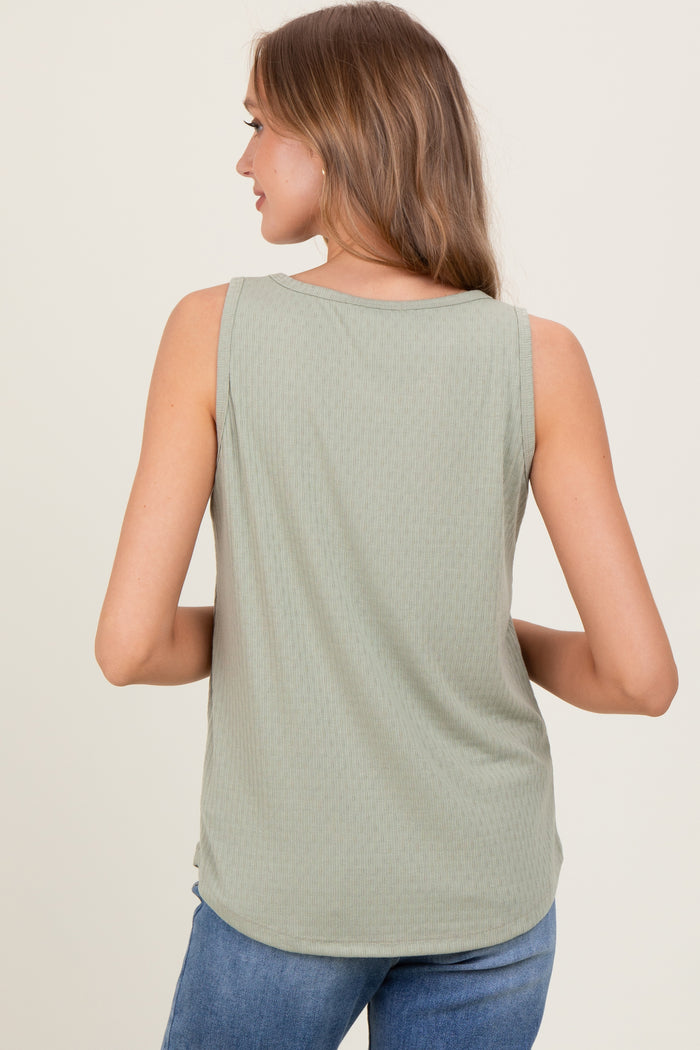 Light Olive Pointelle Knit V-Neck Sleeveless Top