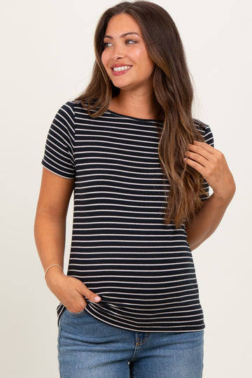 Black Pinstripe Shoulder Button Detail Maternity Top