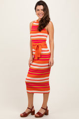 Fuchsia Multi Striped Ribbed Knit Fitted Midi Dress
